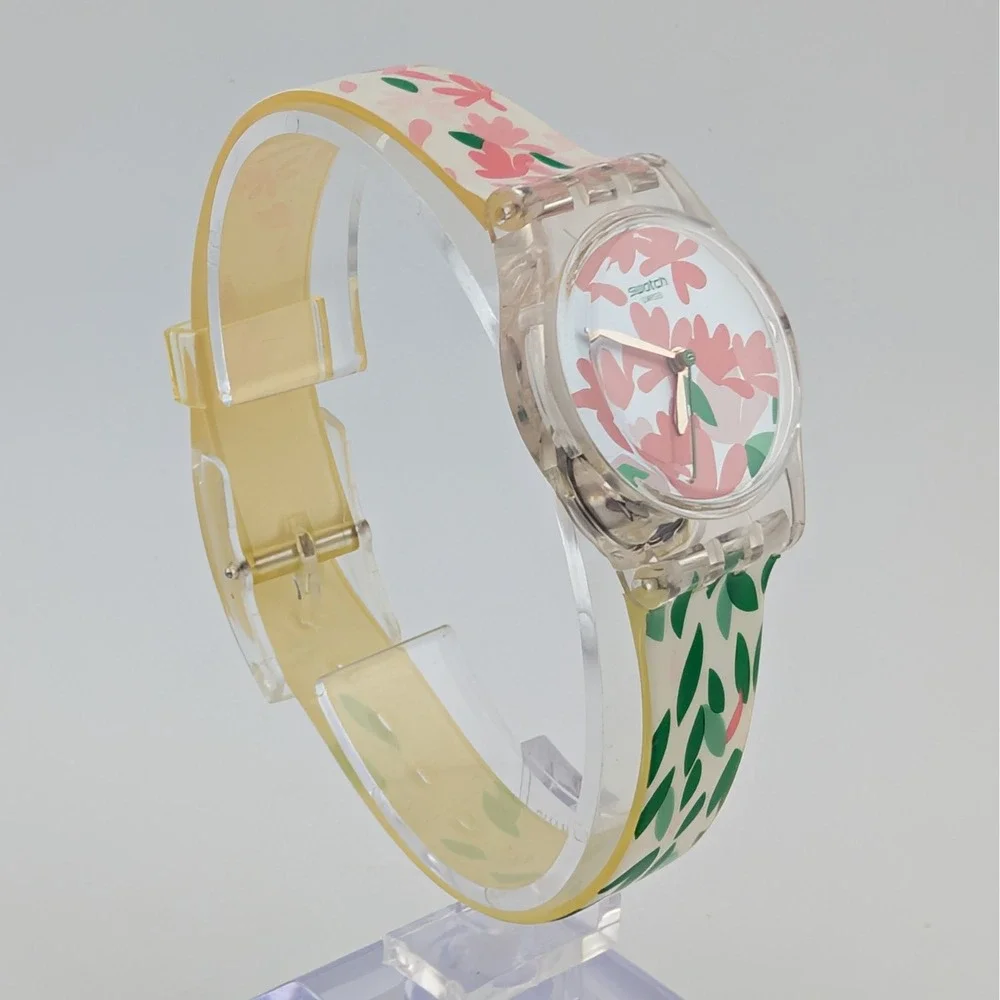 Swatch Lady Jackaranda LK355 Floral Clear Exhibition Back Swiss Quartz Watch Y2K